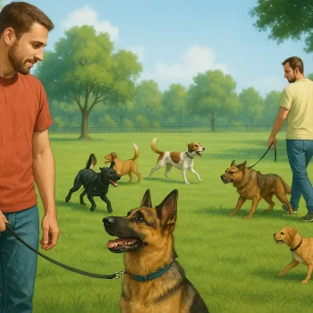 Responsible dog owners handling dogs safely at a dog park with playful and aggressive dogs in the background