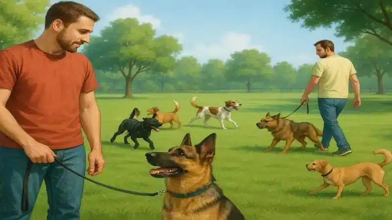 Responsible dog owners handling dogs safely at a dog park with playful and aggressive dogs in the background