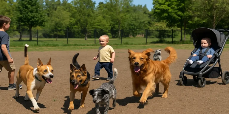 Kids at a dog park with off-leash dogs running and playing, illustrating child safety risks in off-leash areas
