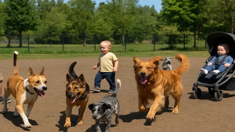 Kids at a dog park with off-leash dogs running and playing, illustrating child safety risks in off-leash areas